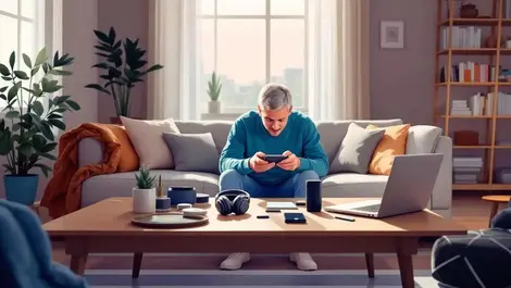 Cozy living room consumer tech gadgets testing trustworthy scene