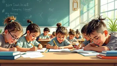 New zealand schoolchildren classroom writing activities maori artwork learning environment