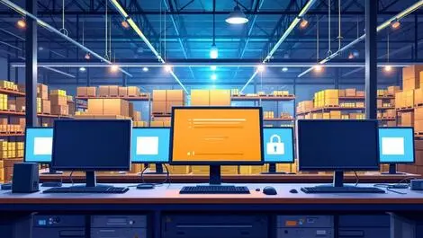 Realistic supermarket distribution warehouse with computers locked screens cyber attack halted operations