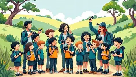 Cheerful new zealand schoolchildren teachers with camera equipment outdoors