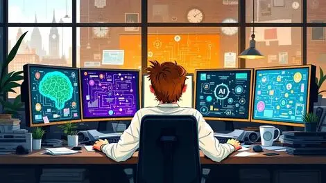 Stressed uk office worker cluttered desk ai icons british office