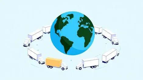 Illustration globe moving trucks circling global expansion international services
