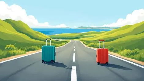 Two suitcases on empty road green hills distant coastline migration nz to australia