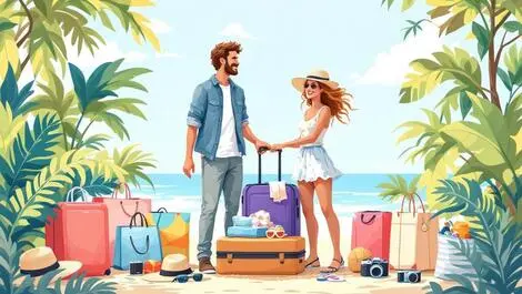 Cheerful british couple packing summer clothes travel gear holiday