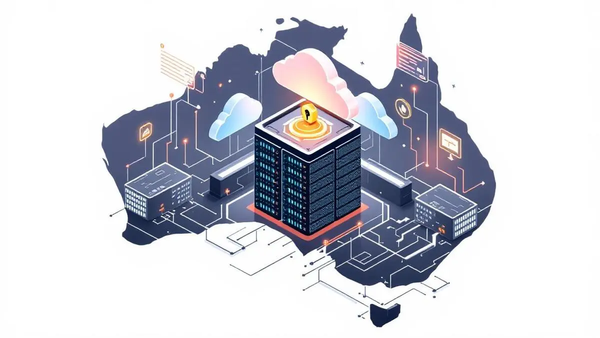 Secure data server facility surrounded by australia outline with cloud icons