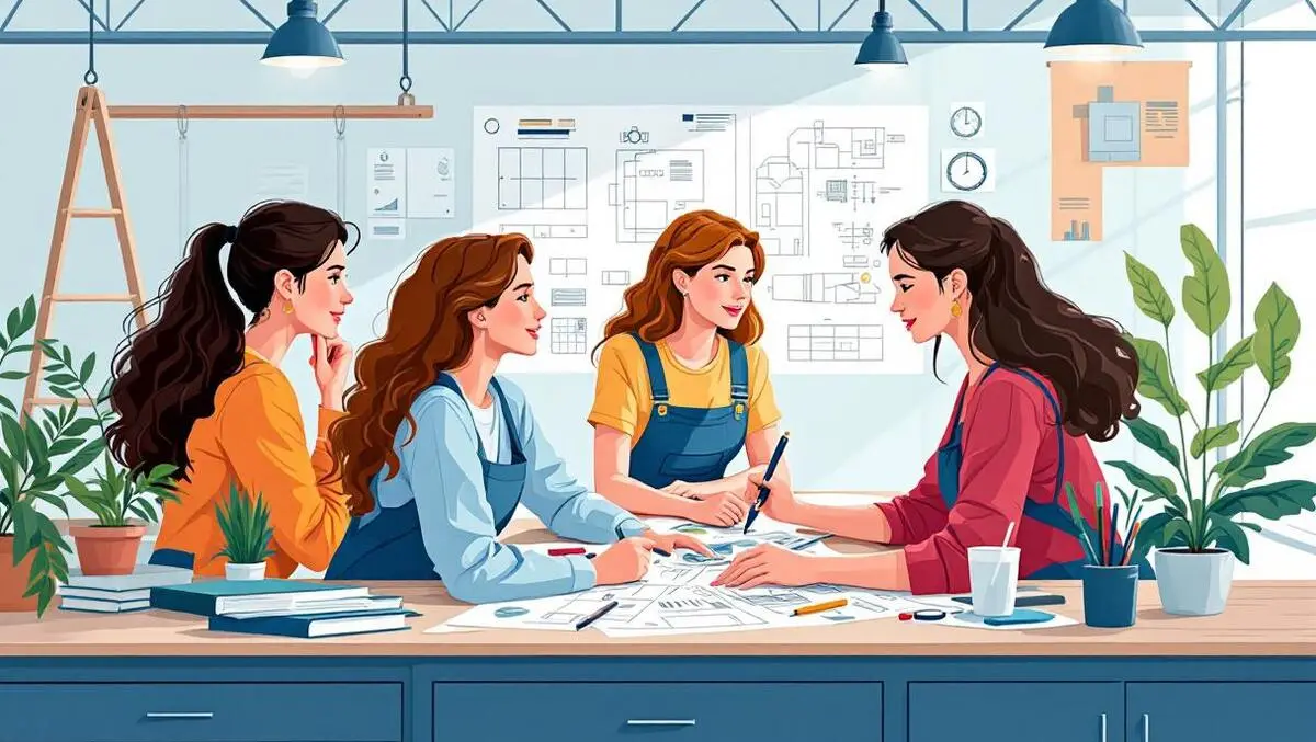 Women engineers collaborating technical blueprints modern workspace teamwork