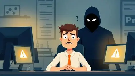 Worried uk small business owner office computers warnings cyber attacker