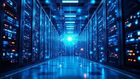 Realistic photo large advanced data storage server room modern tech