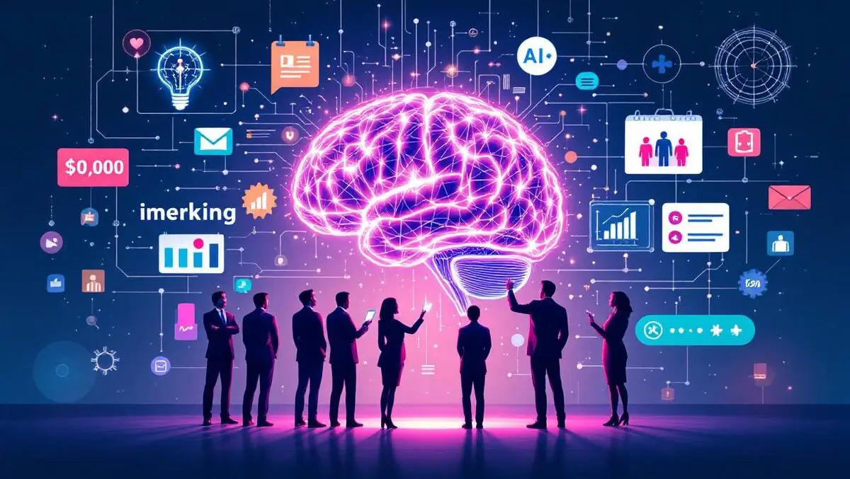 Business professionals interacting with glowing ai brain illustration