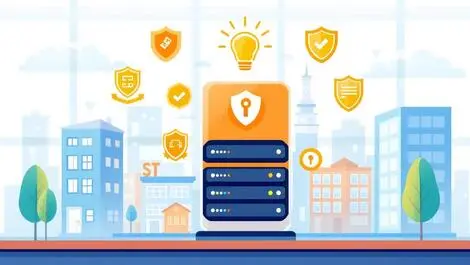 Secure computer server surrounded by school buildings with shield icons data protection in classroom environment