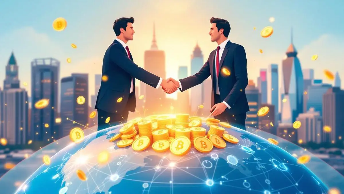 Businessmen shaking hands crypto globe australian american city investment