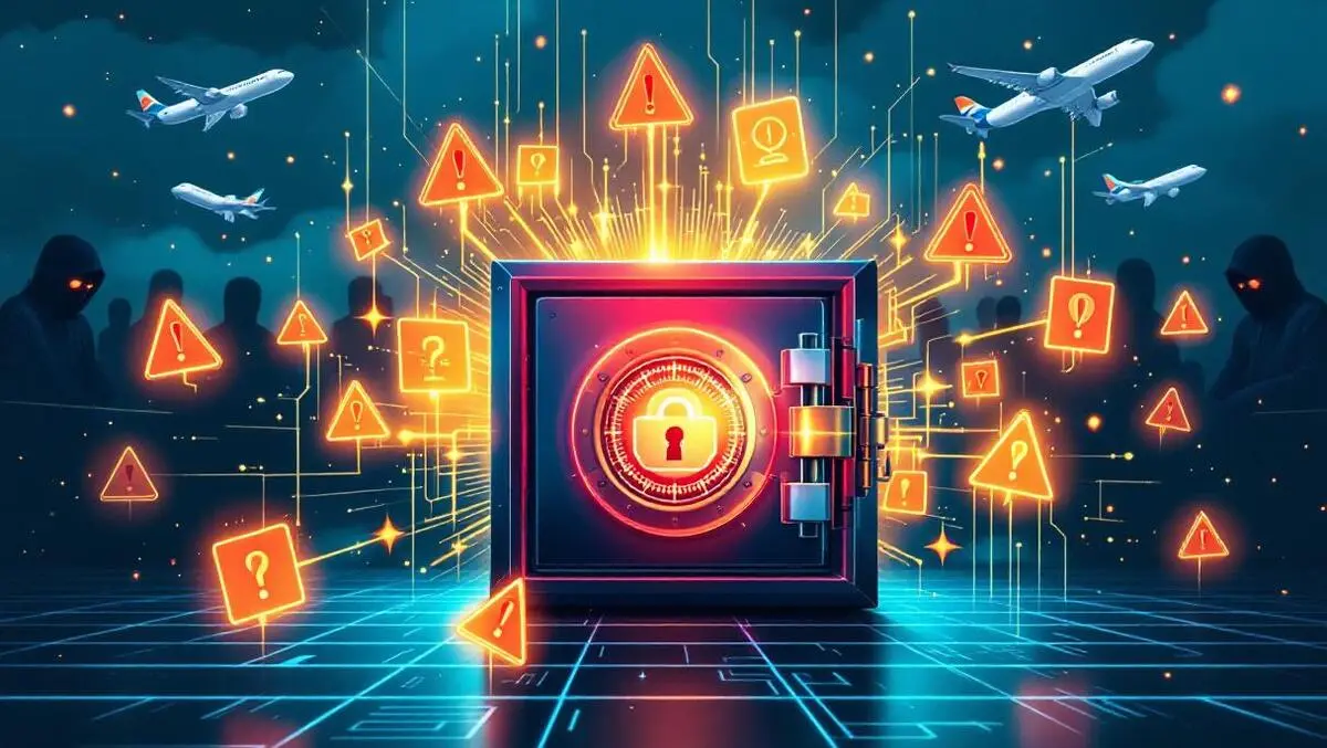 Locked digital vault warning symbols airplanes hacker figures cyber attack australian airline
