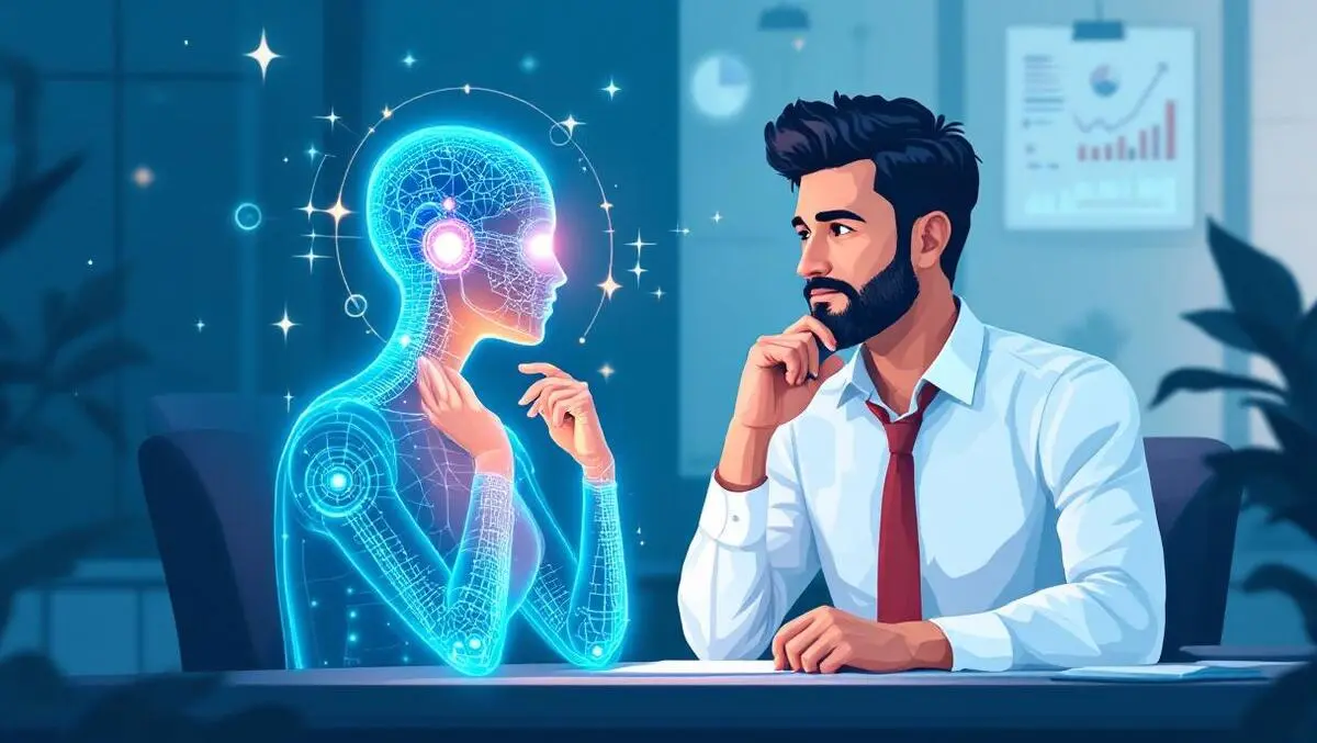 Business leader desk thinking glowing digital advisor human form ai mentoring