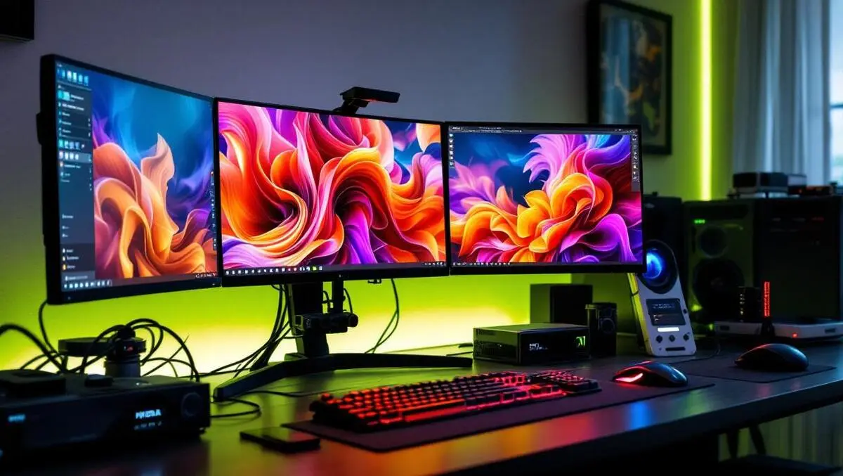 Powerful computer workstation multiple monitors ai digital art editing nvidia rtx graphics modern workspace