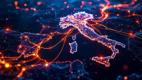 Aerial illustration glowing fibre optic cable northern italy milan padua