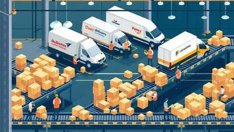 Warehouse parcels sorting conveyor belts delivery vans workers efficient