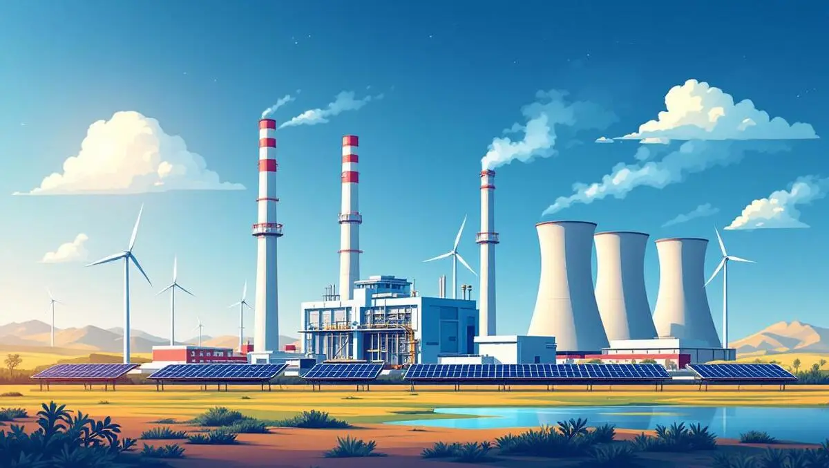 Realistic modern engine power plant australian landscape wind solar
