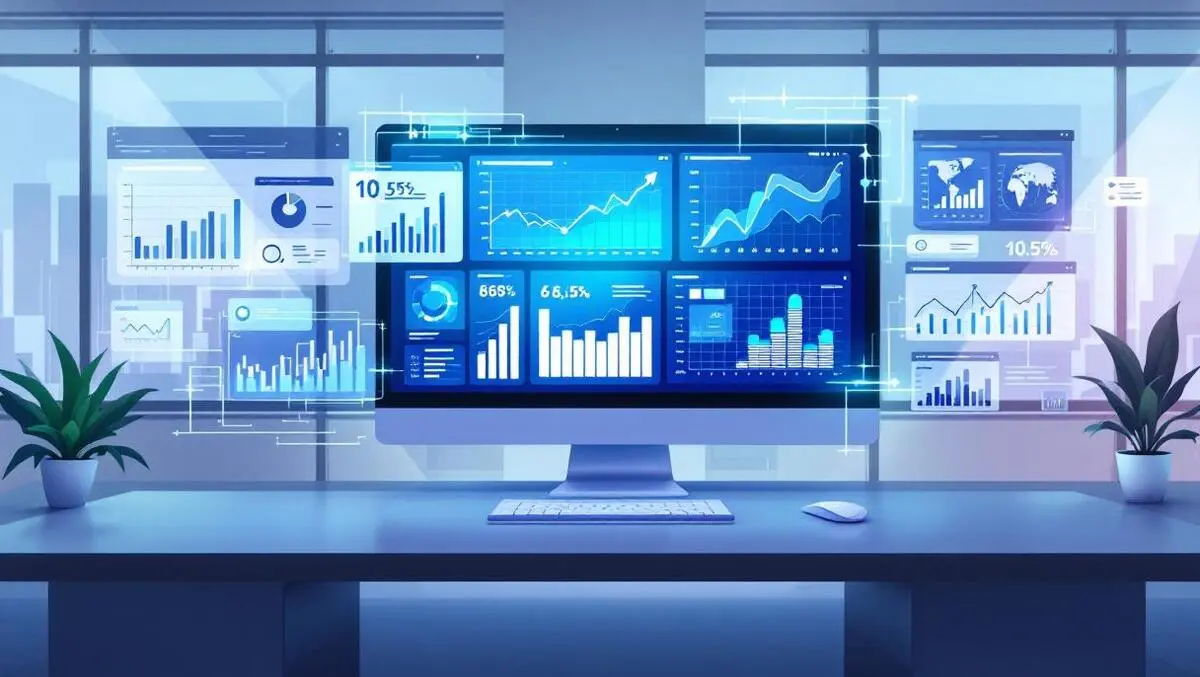 Modern digital dashboard dynamic graphs charts sleek office technology monitoring