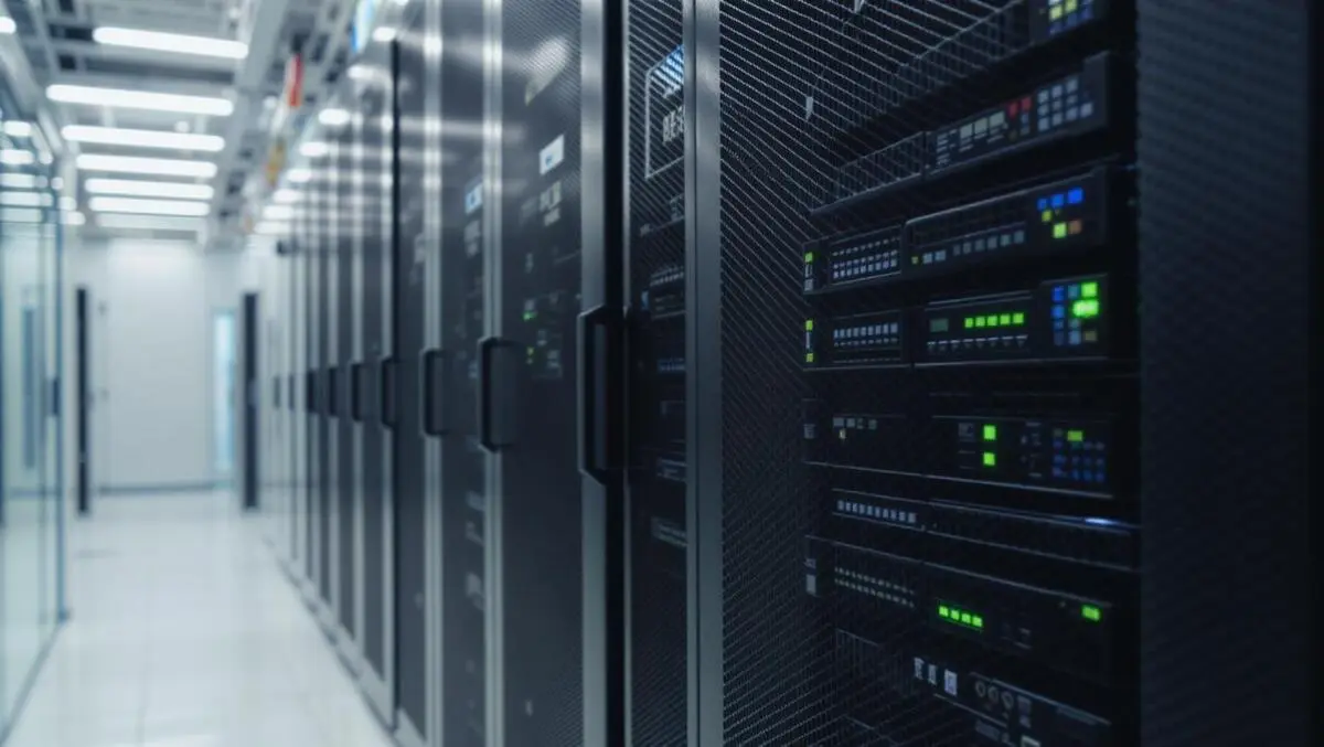 Realistic photo large black data center server racks close up hard drives led lights high tech ai