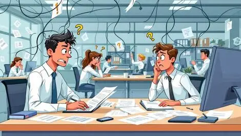Australian office workers frustrated chaotic communication overlapping paperwork