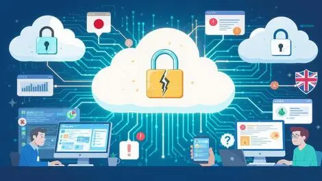 Illustration cloud icons locks broken computers smartphones it professionals worried globally data security vulnerabilities