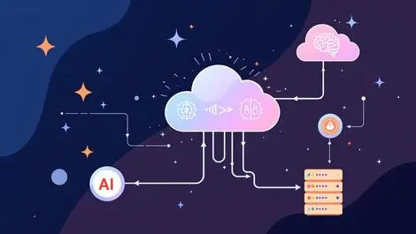 Cloud icons streaming data ai brain server stacks tech background