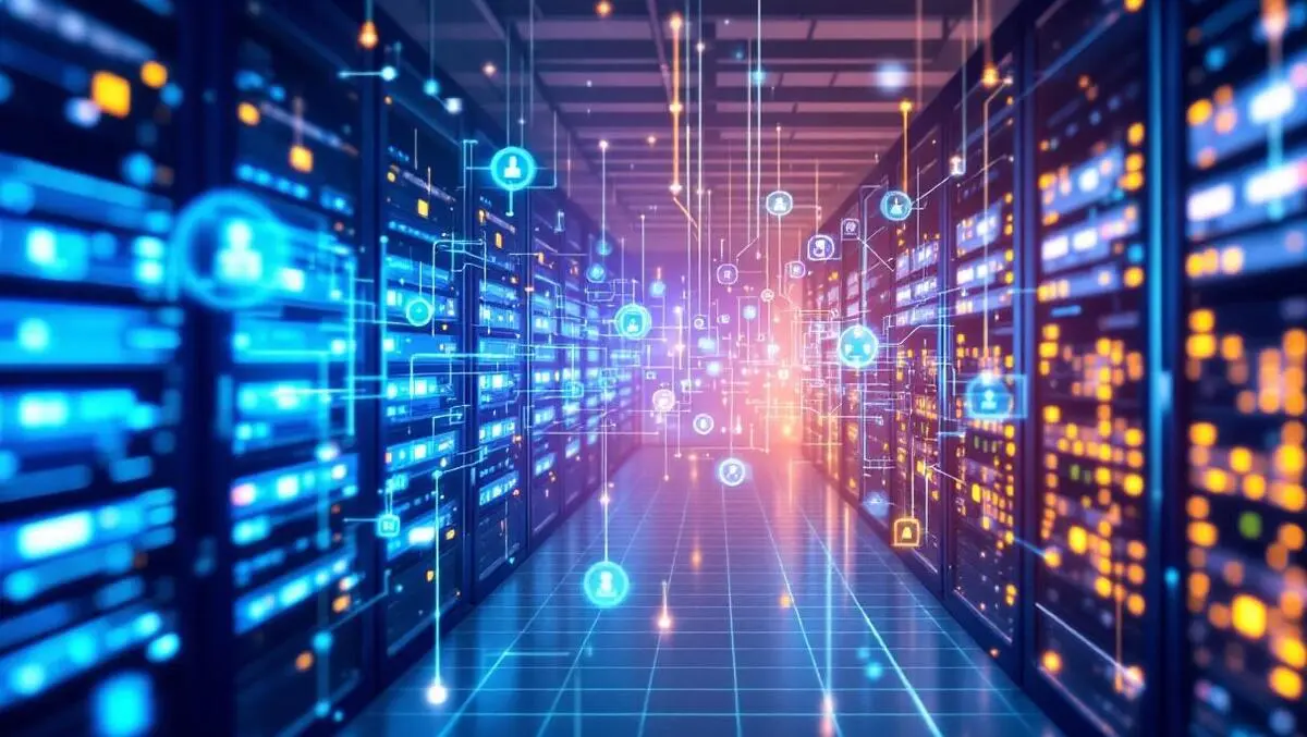 Realistic busy data center server racks glowing lights digital network symbols