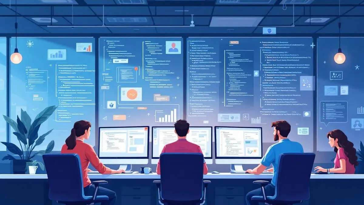 Illustration computer programmers collaborating workstations abstract code