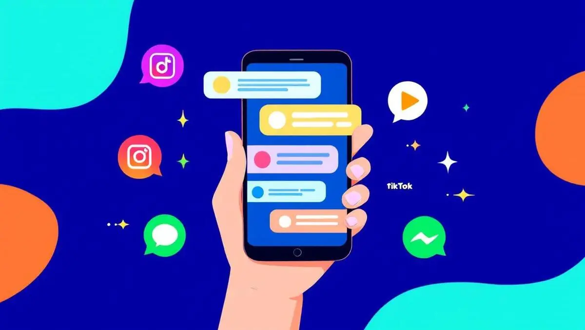 Colorful digital illustration hand holding smartphone chat bubbles social media icons