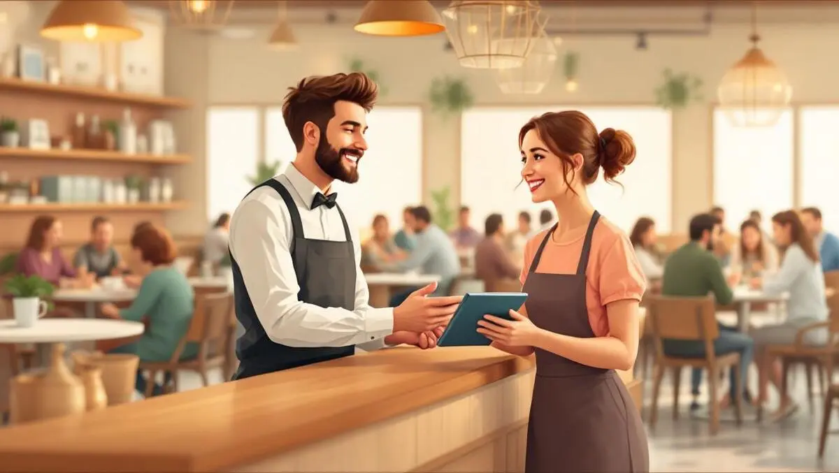 Friendly restaurant host helping smiling diner with tablet at reception