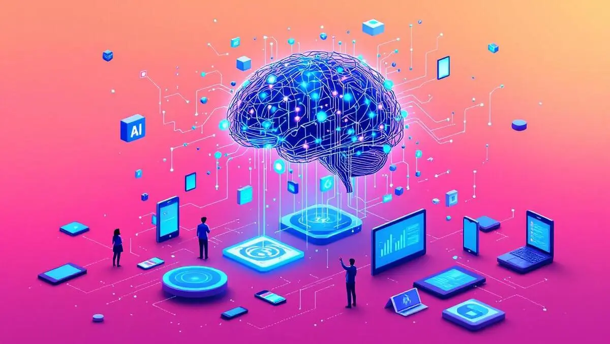 Artificial intelligence brain with circuits nodes above digital devices
