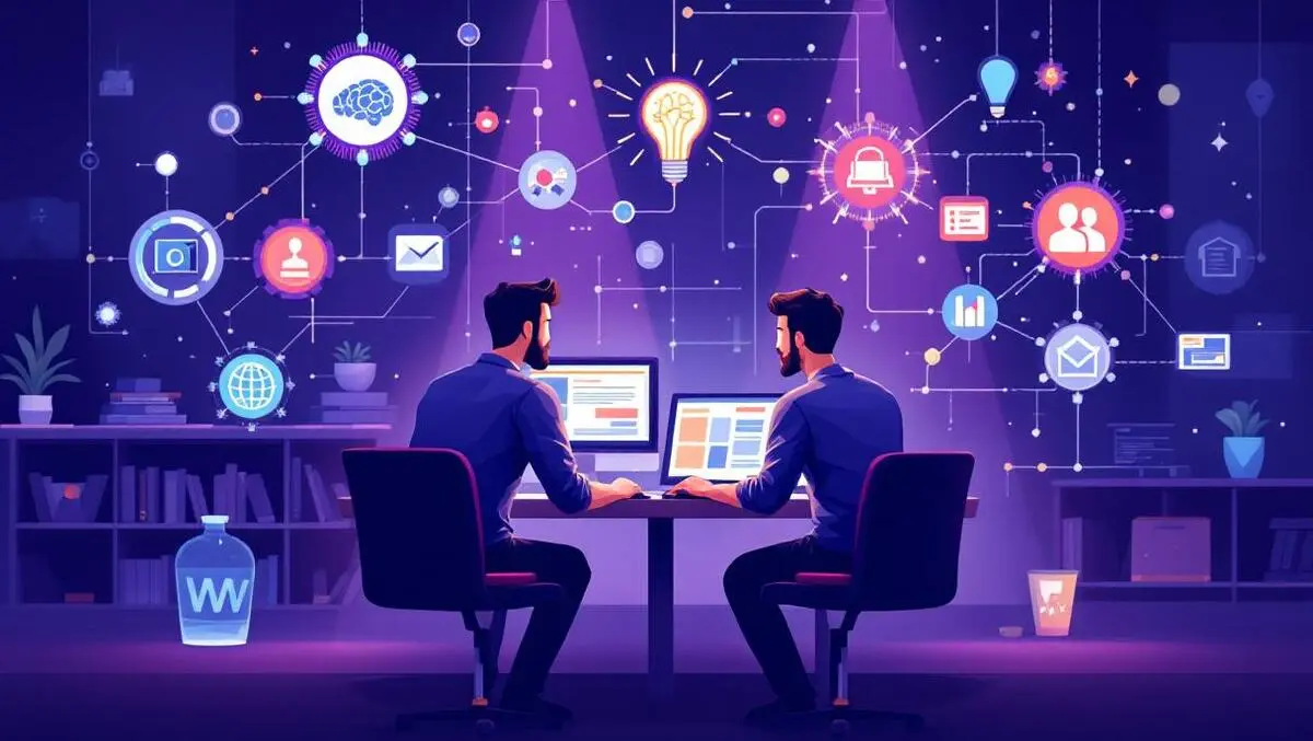 Two software engineers collaborating ai coding project management modern office