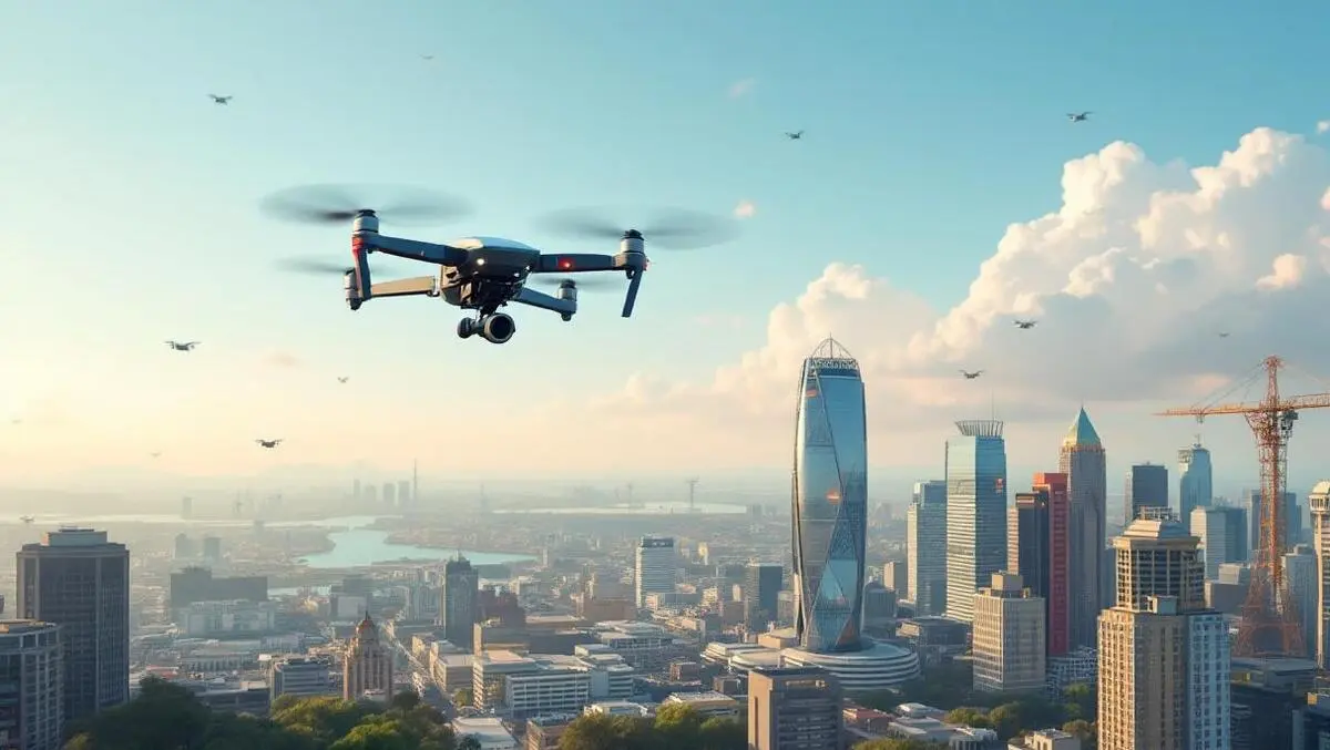 Advanced drones flying over australian city energy defence tech daytime