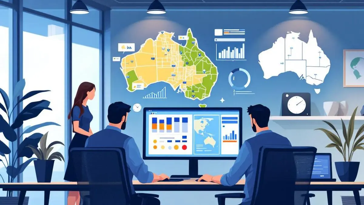 Modern office professionals collaborating digital screen australian city map