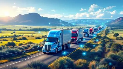 Fleet of trucks on highway in rural australia new zealand with digital network safety