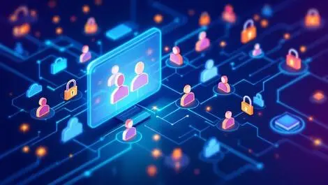 Digital locks user icons network flow modern hybrid work environment secure access