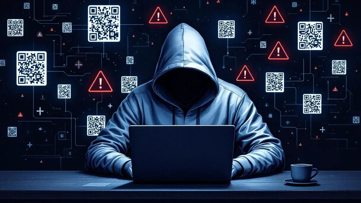 Hooded figure dark room laptop floating qr codes warning ai cyber attacks