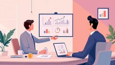 Conference room business professionals presenting charts financial icons