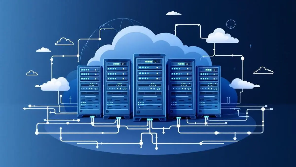 Modern cloud data center rows servers network cables global connectivity