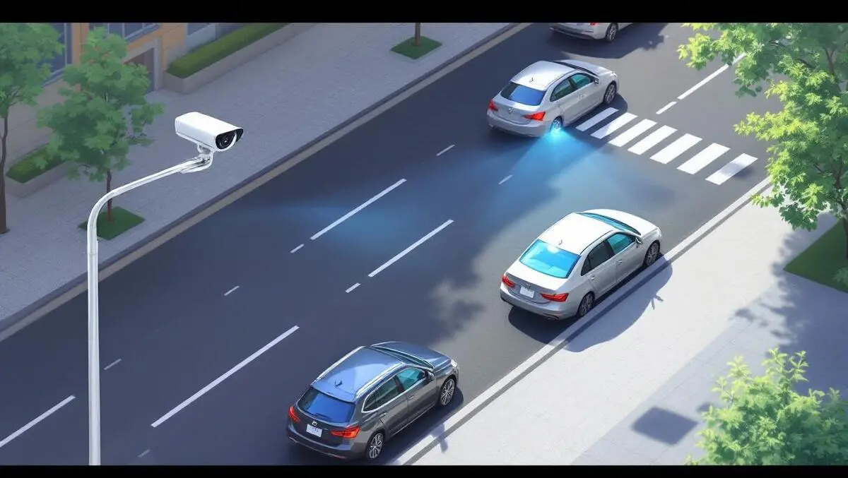 Urban street curbside ai camera surveillance parked cars daylight modern