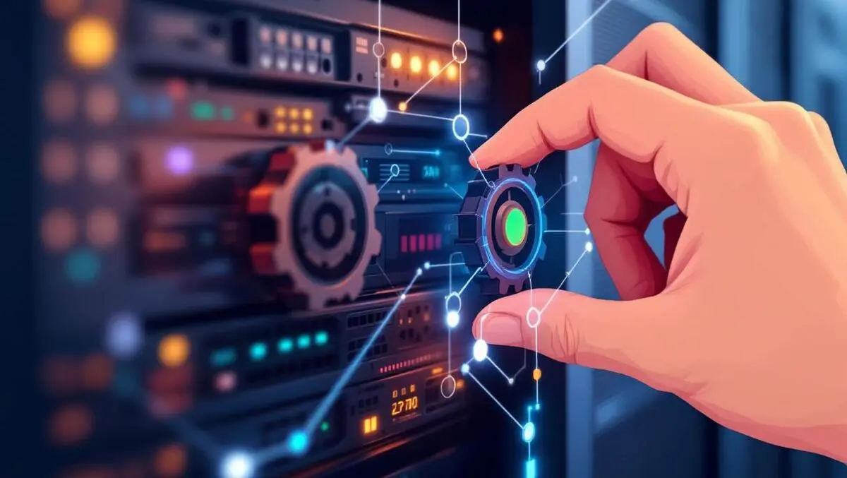 Hand adjusting gears on computer server rack digital pattern it automation