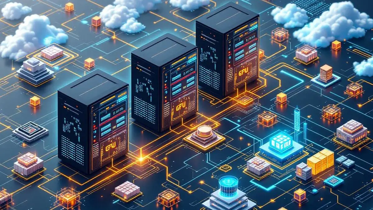 Detailed illustration interconnected computer servers gpu data streams nodes