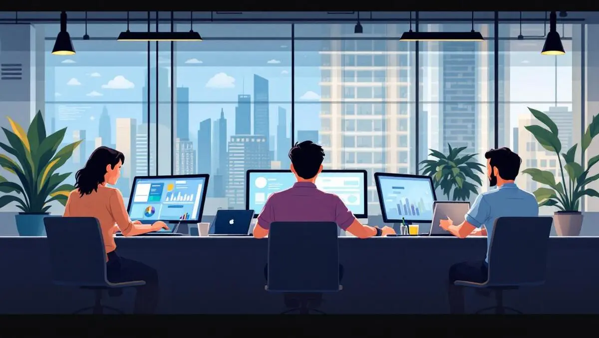 Australian office workers collaborating with laptops tablets tech upskilling