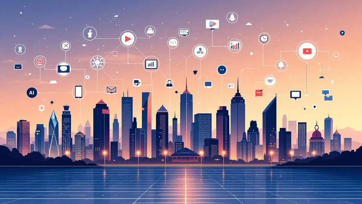Australian city skyline digital platform icons interconnected marketing ai