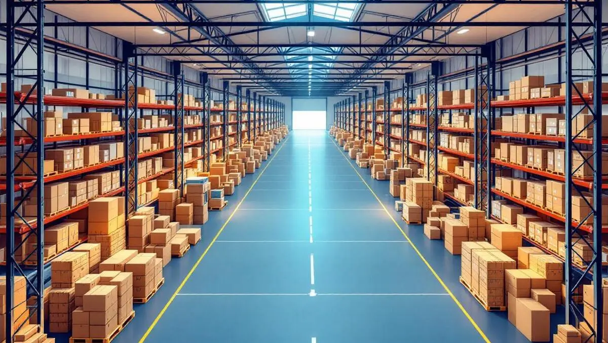 Modern sydney warehouse high shelves boxes broad aisles overhead view smart 3d design