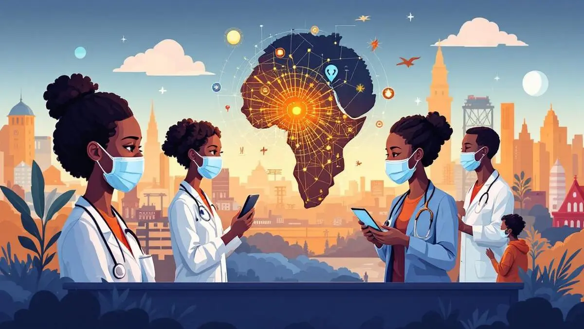 African professionals collaborating with ai technology icons innovation