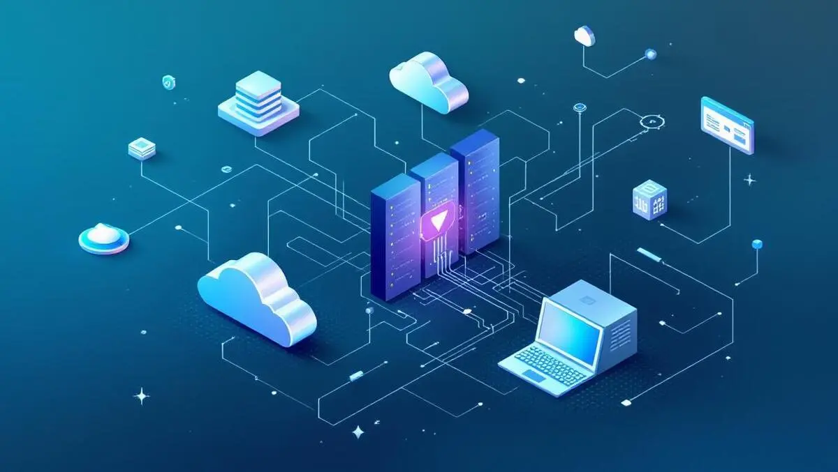 Modern servers cloud symbols connected flowing lines bypassing legacy it