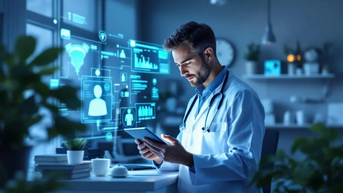 Realistic illustration australian doctor using tablet modern clinic health data