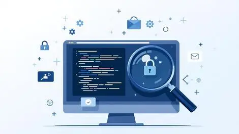 Realistic computer screen code magnifying glass security scanning opensource icons