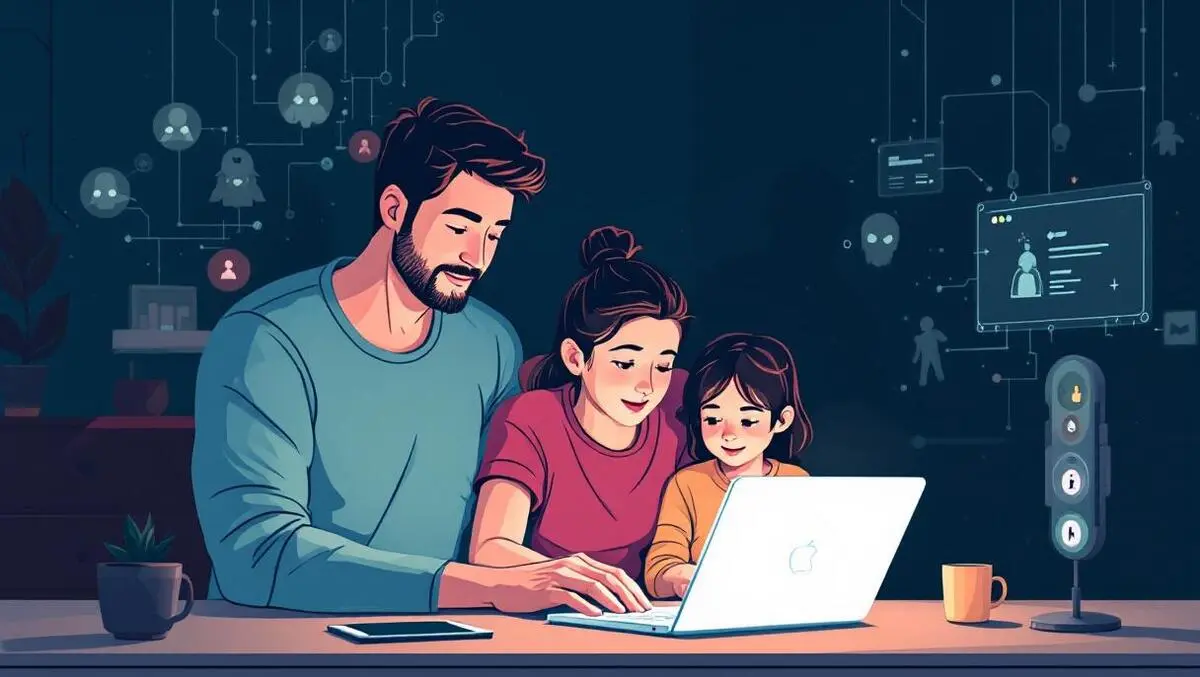 Australian family using laptop at home with shadowy digital cyber threats